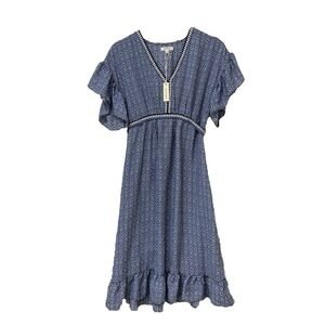 Max Studio Dress Blue Printed Short Sleeve V Neck Midi Tie Waist Women's S NWT